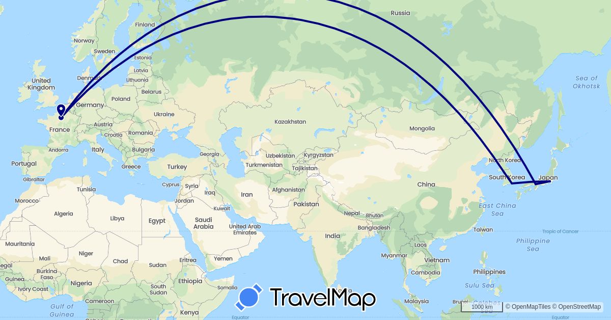 TravelMap itinerary: driving in France, Japan, South Korea (Asia, Europe)